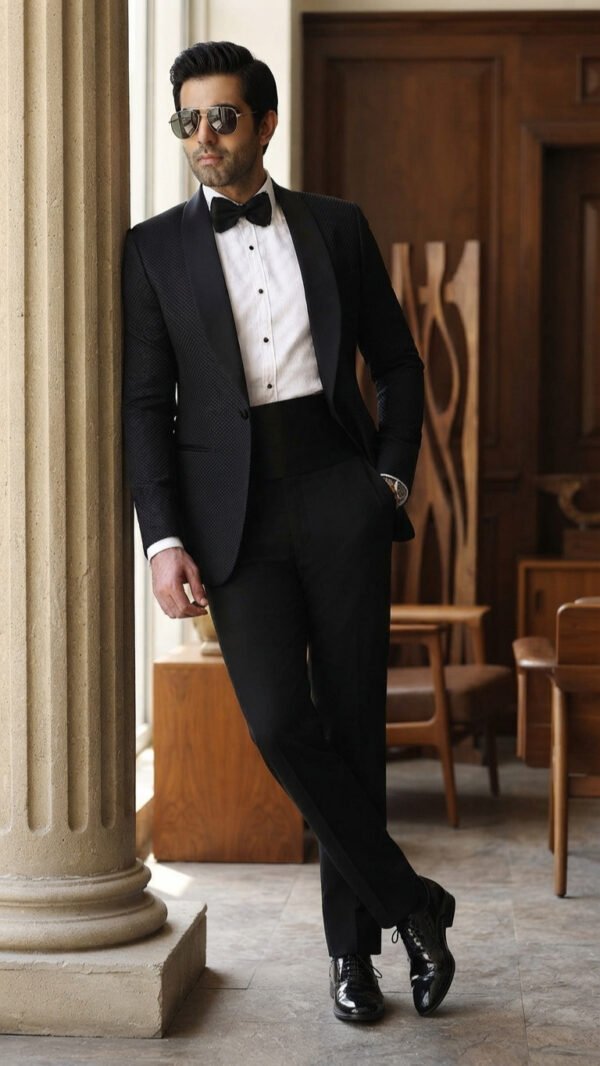 Black Textured Peak-Lapel Tuxedo for Men