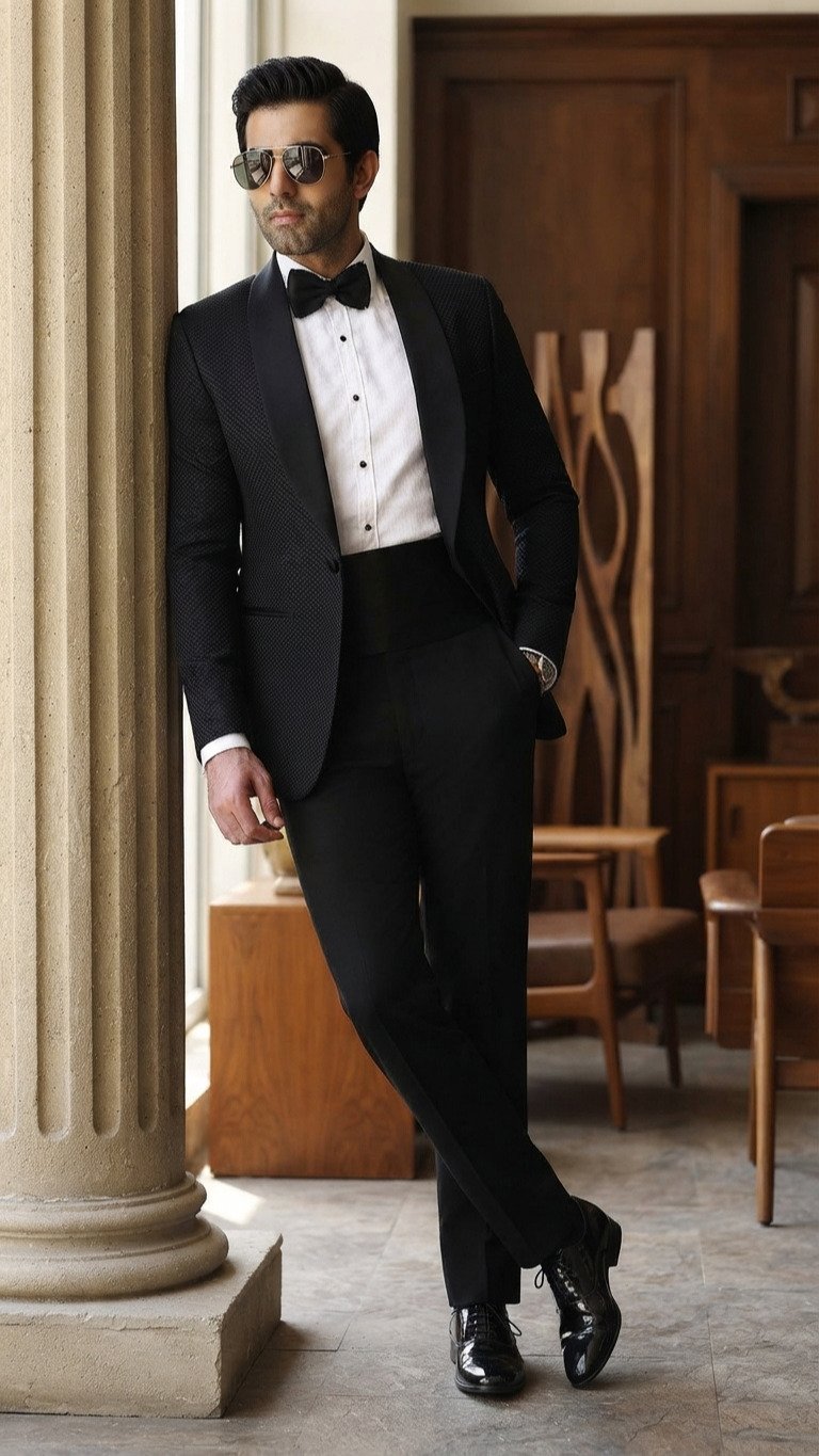 Black Textured Peak-Lapel Tuxedo for Men