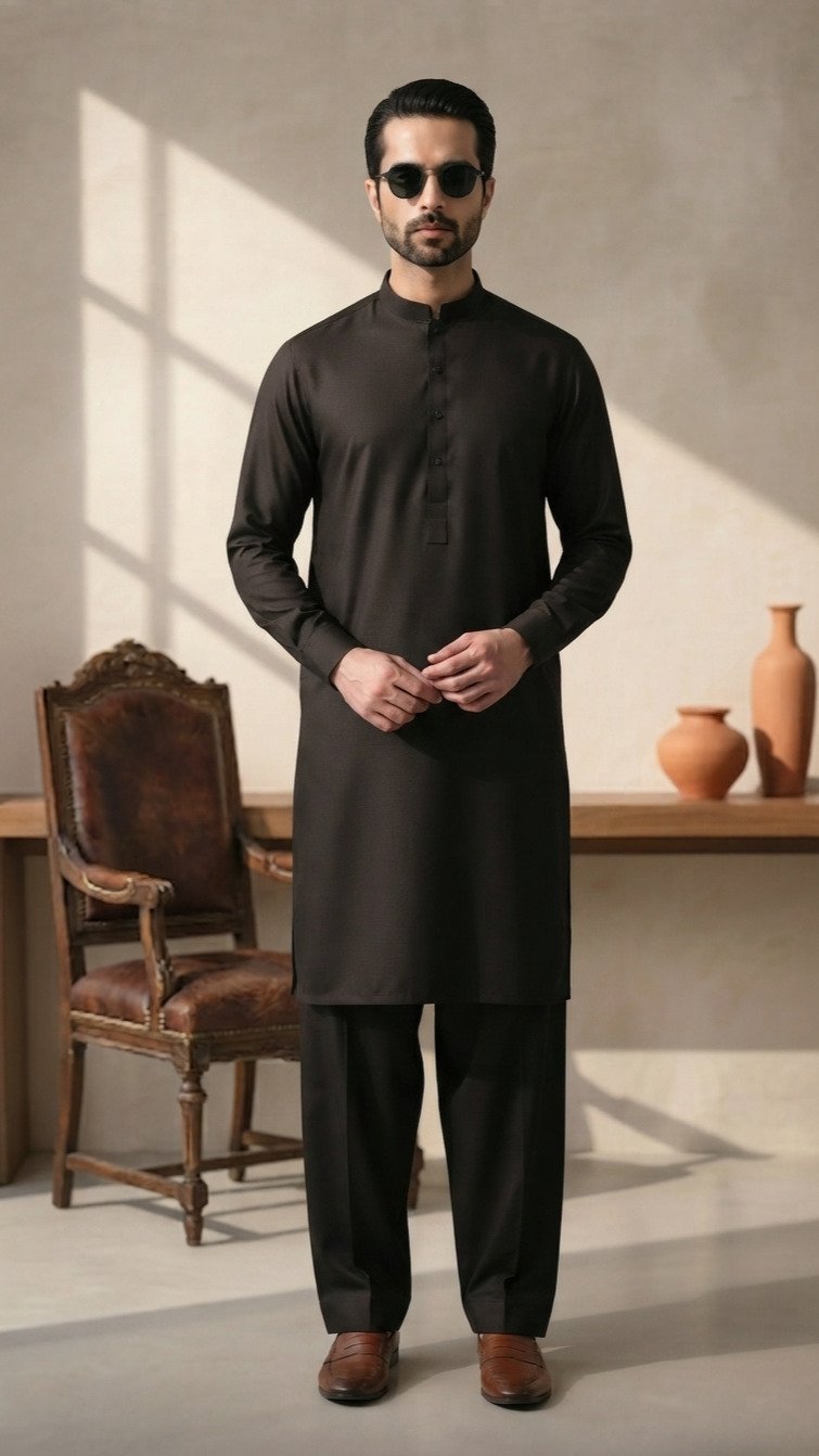 BLACK KURTA PAJAMA IN WASH AND WEAR FABRIC