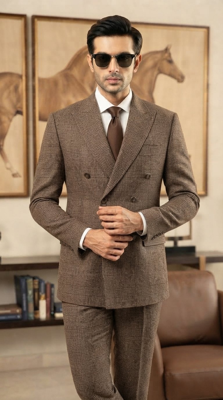 Heritage Brown Prince of Wales Check Double-Breasted Suit