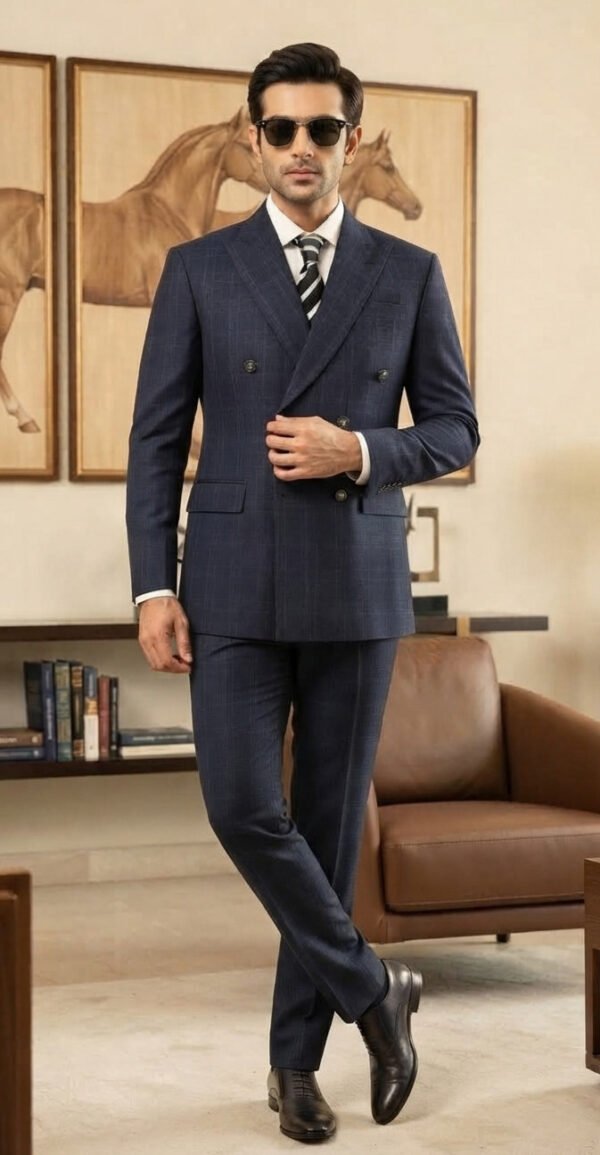 Navy Prince of Wales Check Double-Breasted Suit for Men