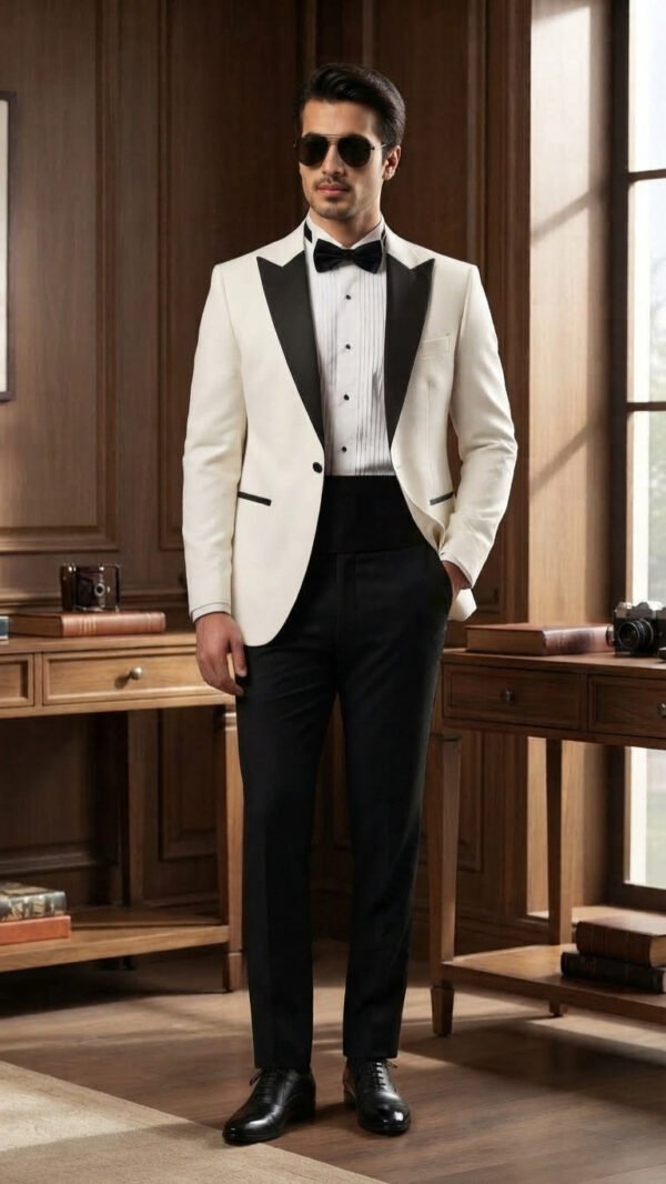 Ivory Black-Lapel Tuxedo for Men
