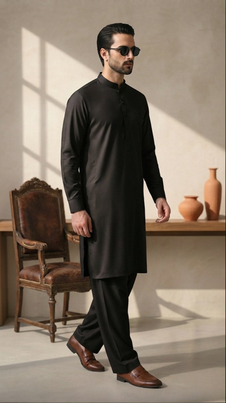 BLACK KURTA PAJAMA IN WASH AND WEAR FABRIC