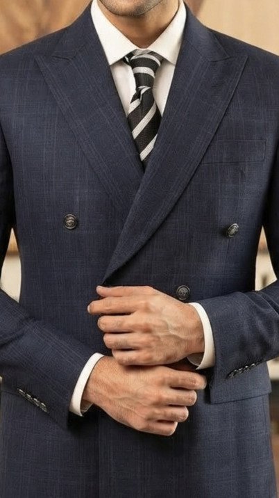 Navy Prince of Wales Check Double-Breasted Suit for Men