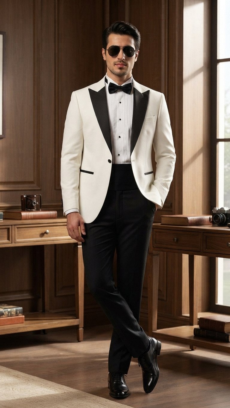 Ivory Black-Lapel Tuxedo for Men