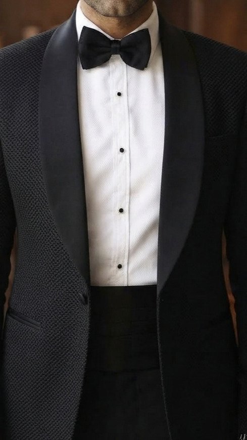 Black Textured Peak-Lapel Tuxedo for Men